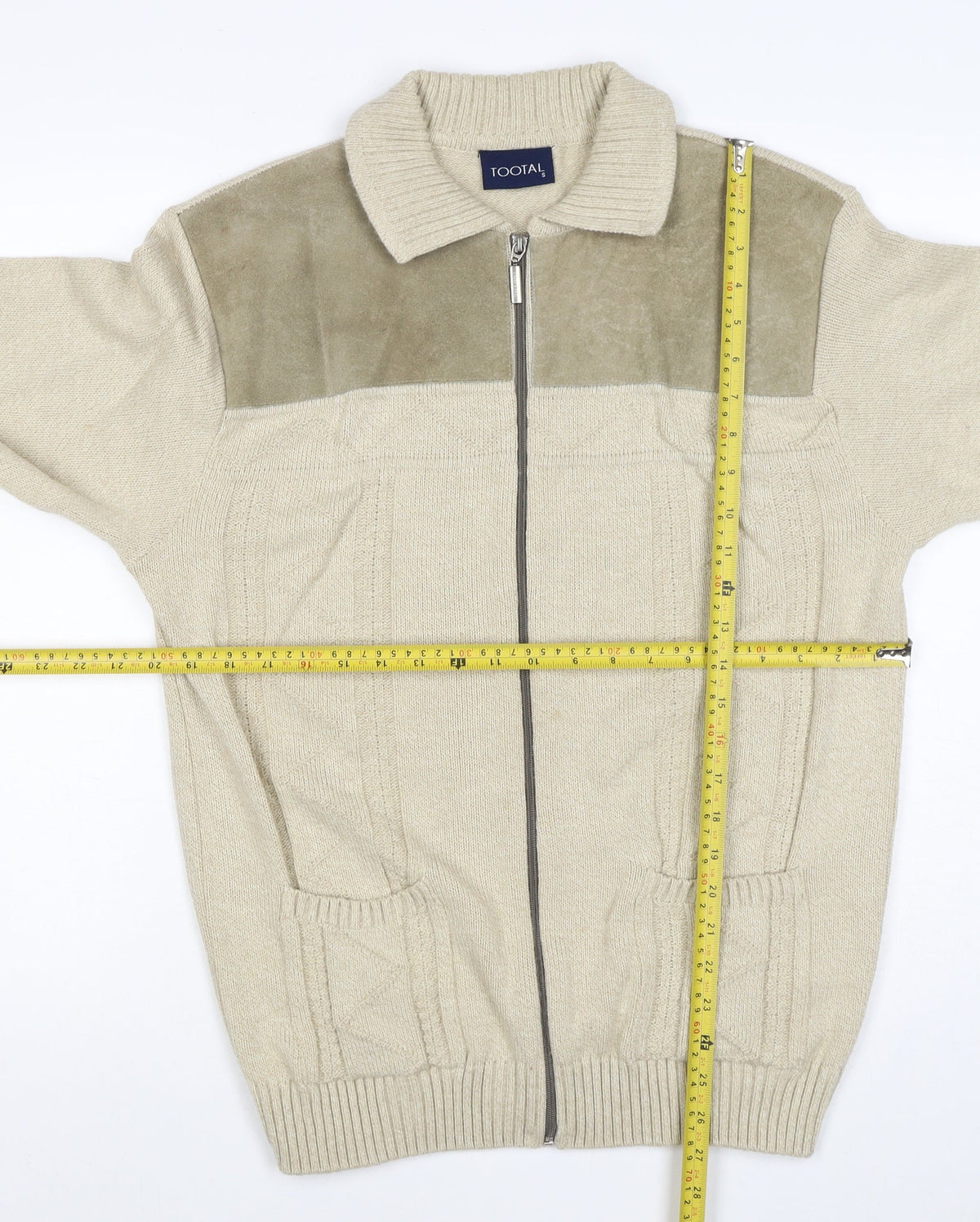 Tootal Men's Beige S Full Zip Collared Acrylic Knit Jumper