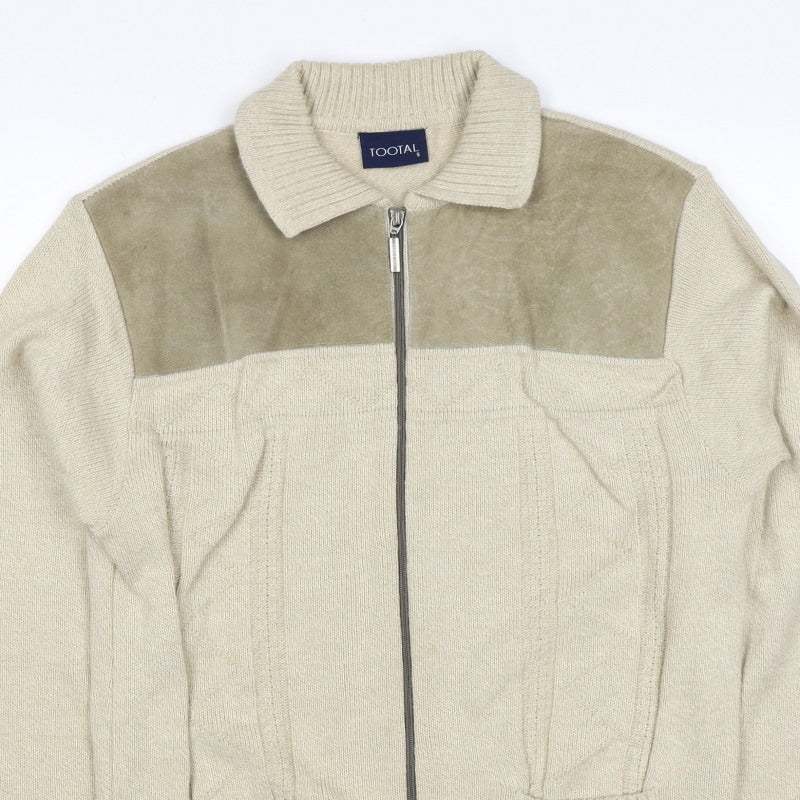 Tootal Men's Beige S Full Zip Collared Acrylic Knit Jumper