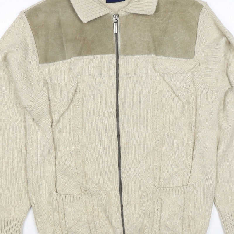 Tootal Men's Beige S Full Zip Collared Acrylic Knit Jumper
