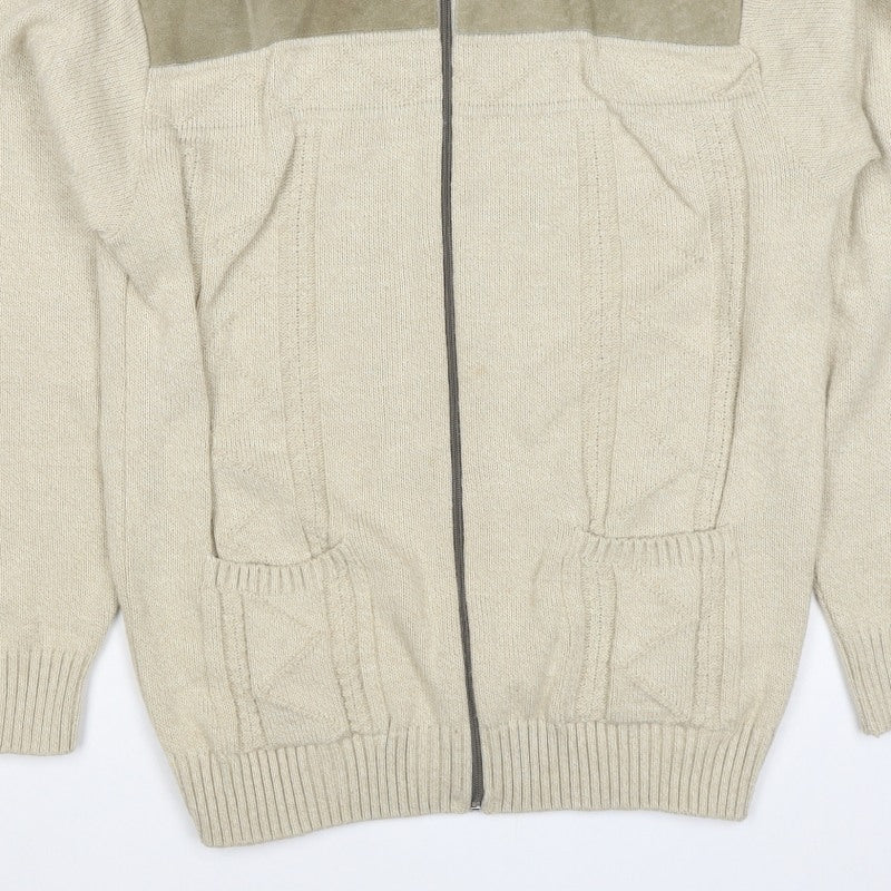Tootal Men's Beige S Full Zip Collared Acrylic Knit Jumper