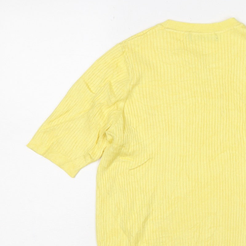 Marks and Spencer Women Yellow UK 14 Rib Knit Short Sleeve Basic Top