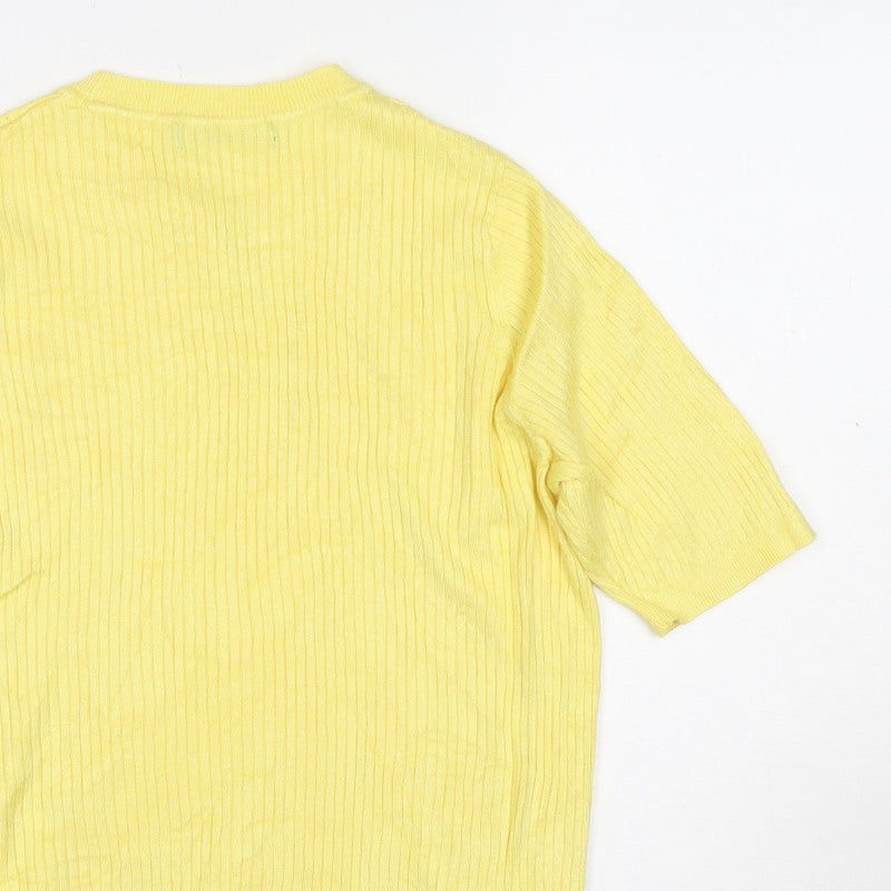 Marks and Spencer Women Yellow UK 14 Rib Knit Short Sleeve Basic Top