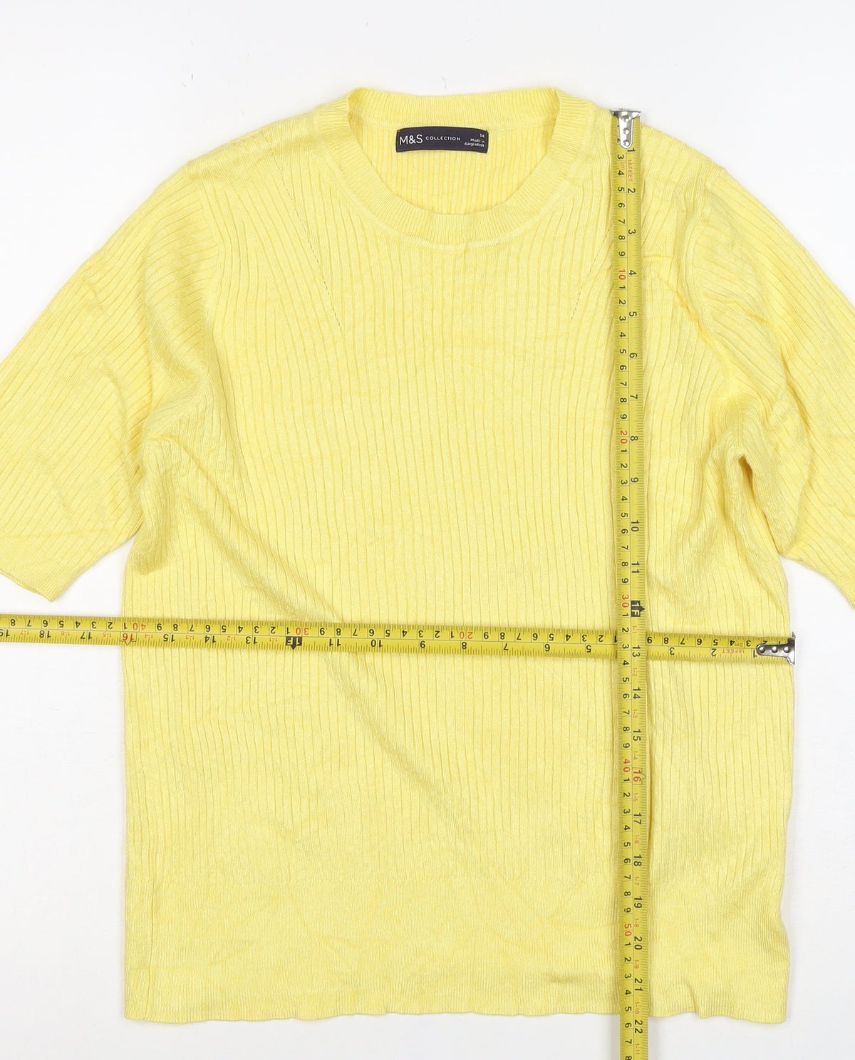 Marks and Spencer Women Yellow UK 14 Rib Knit Short Sleeve Basic Top