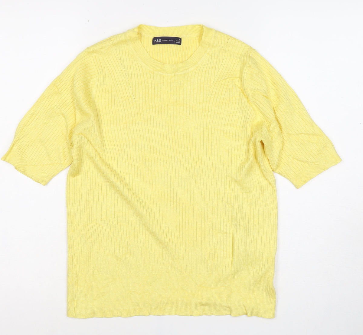 Marks and Spencer Women Yellow UK 14 Rib Knit Short Sleeve Basic Top
