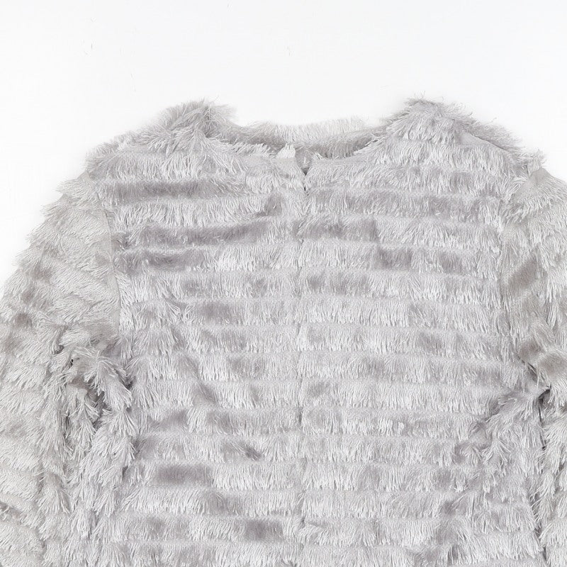 Next Women Grey Small Faux Fur Open Cardigan Long Sleeve