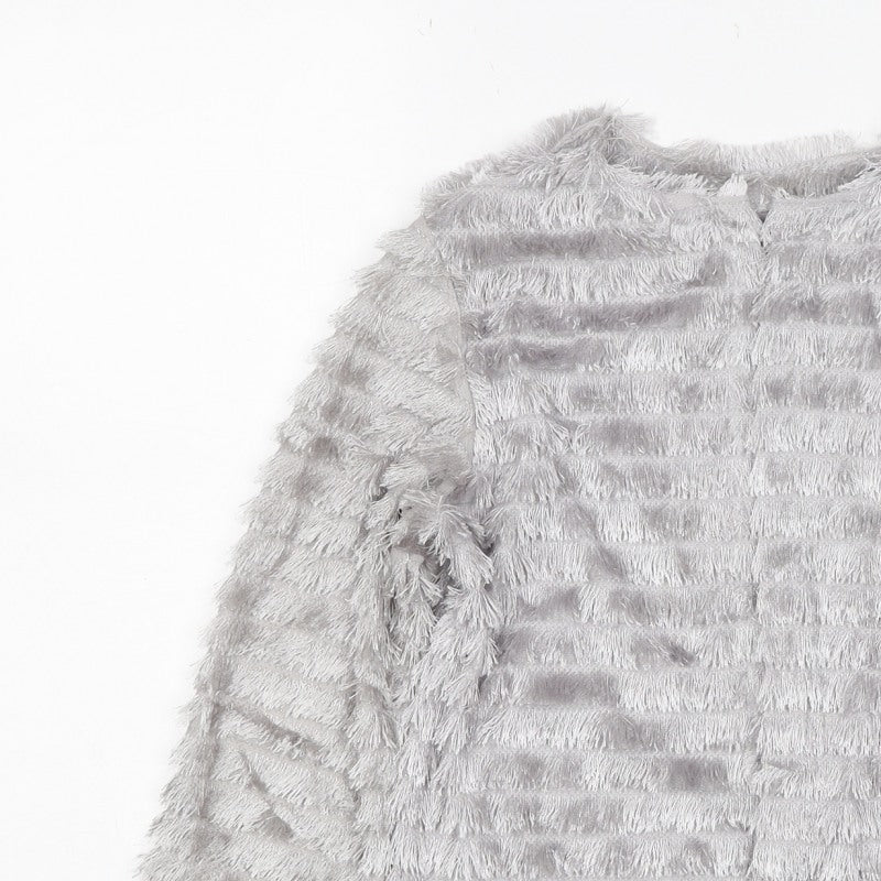 Next Women Grey Small Faux Fur Open Cardigan Long Sleeve