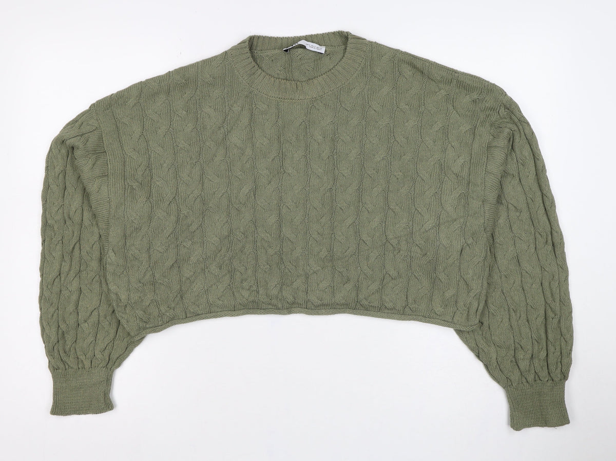 Zara Women Green S Cable Knit Crew Neck Long Sleeve Pullover Jumper