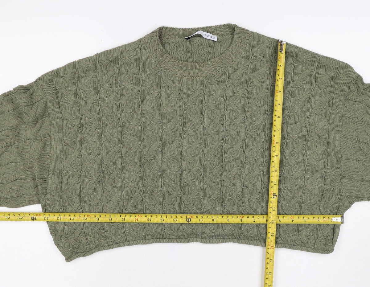 Zara Women Green S Cable Knit Crew Neck Long Sleeve Pullover Jumper