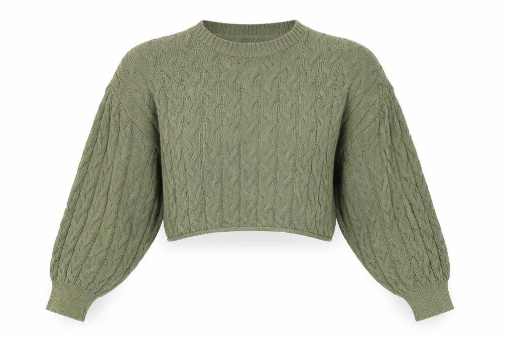 Zara Women Green S Cable Knit Crew Neck Long Sleeve Pullover Jumper