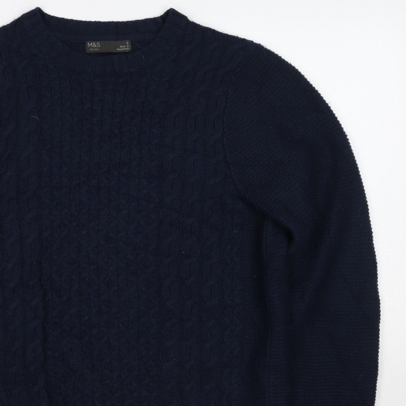 Marks and Spencer Men's Blue S Cable Knit Crew Neck Pullover Jumper