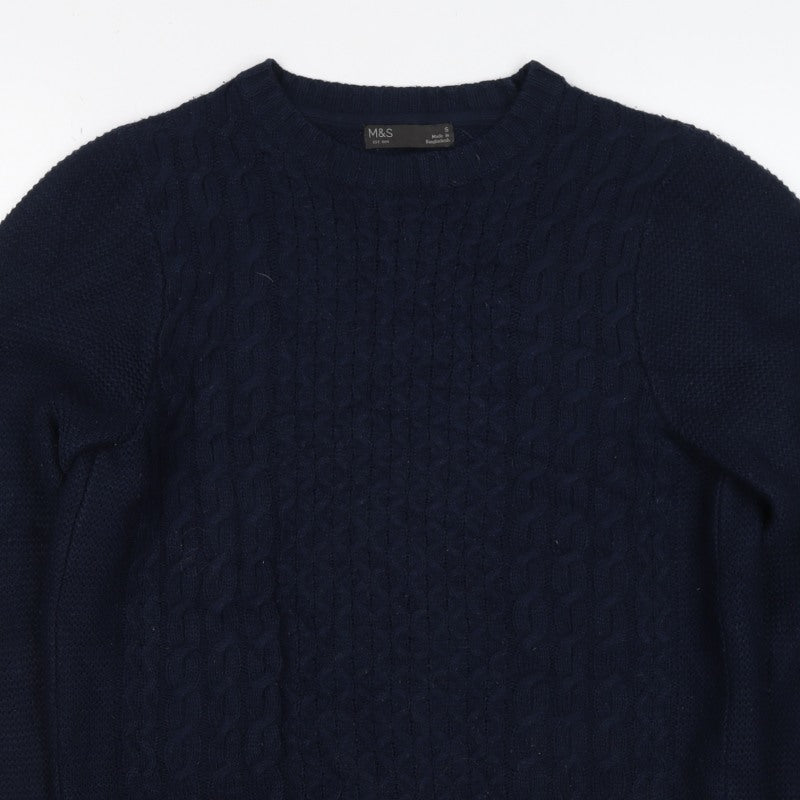 Marks and Spencer Men's Blue S Cable Knit Crew Neck Pullover Jumper