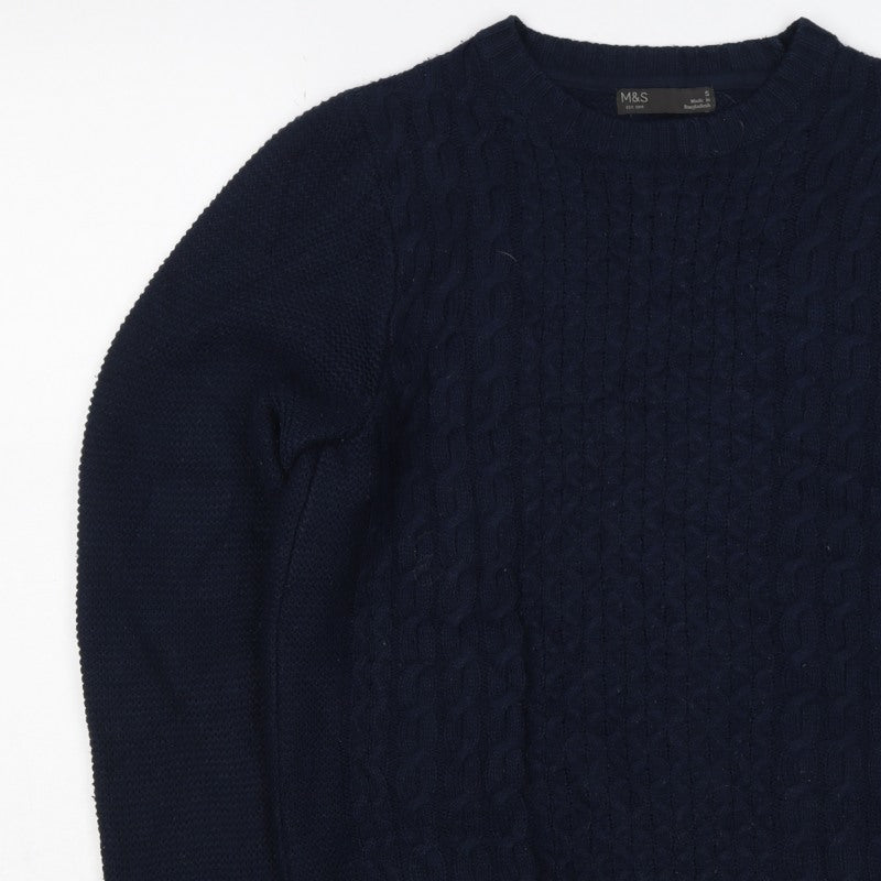 Marks and Spencer Men's Blue S Cable Knit Crew Neck Pullover Jumper
