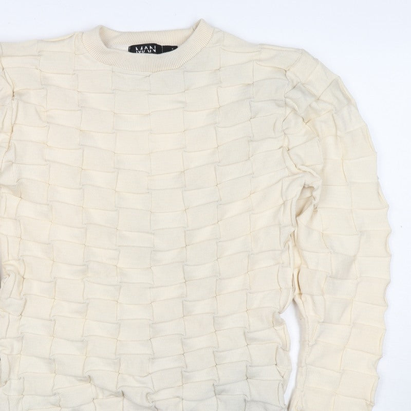 boohooMAN Men's Ivory L Ruffle Textured Knit Crew Neck Pullover Jumper