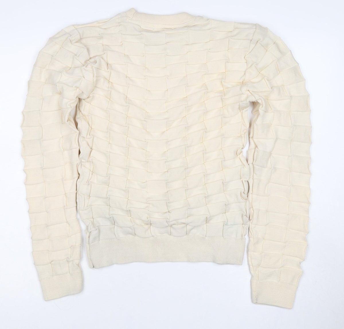 boohooMAN Men's Ivory L Ruffle Textured Knit Crew Neck Pullover Jumper