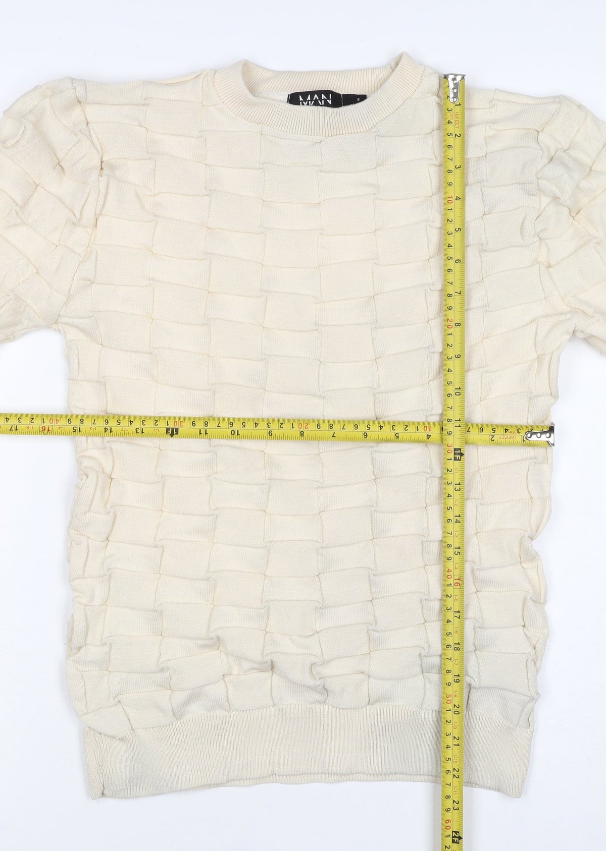 boohooMAN Men's Ivory L Ruffle Textured Knit Crew Neck Pullover Jumper