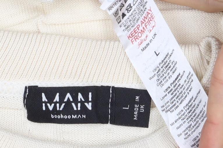boohooMAN Men's Ivory L Ruffle Textured Knit Crew Neck Pullover Jumper