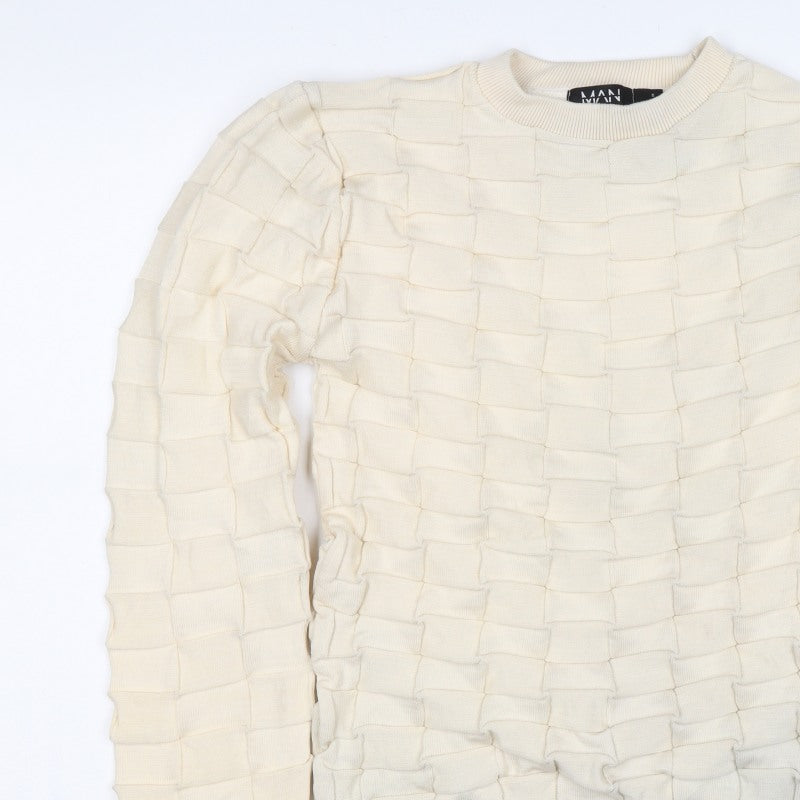 boohooMAN Men's Ivory L Ruffle Textured Knit Crew Neck Pullover Jumper