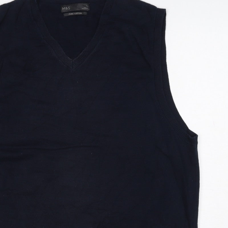 Marks and Spencer Men Blue L Pure Cotton V-Neck Knit Vest Jumper