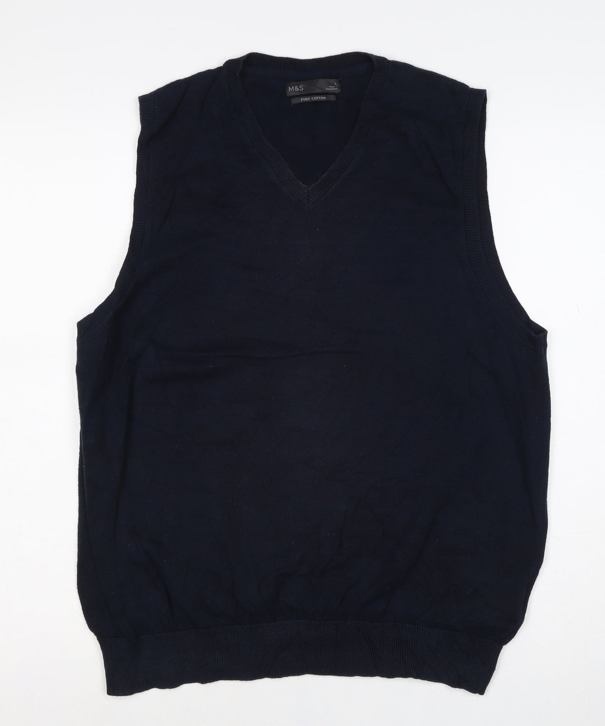 Marks and Spencer Men Blue L Pure Cotton V-Neck Knit Vest Jumper