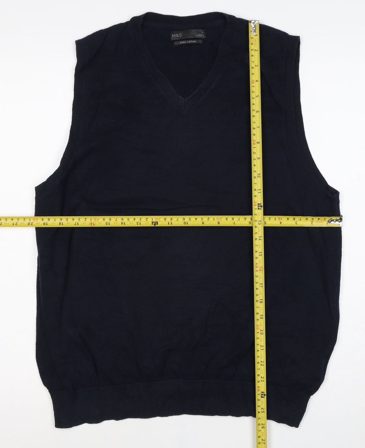Marks and Spencer Men Blue L Pure Cotton V-Neck Knit Vest Jumper