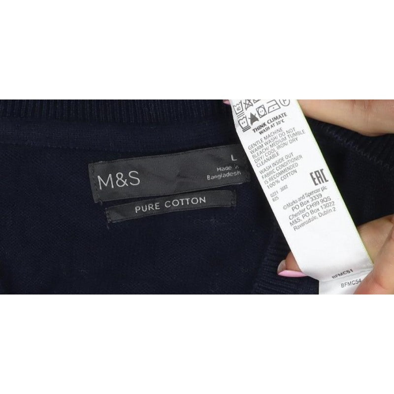 Marks and Spencer Men Blue L Pure Cotton V-Neck Knit Vest Jumper