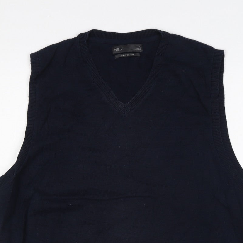Marks and Spencer Men Blue L Pure Cotton V-Neck Knit Vest Jumper