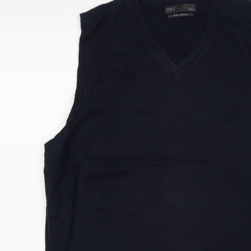Marks and Spencer Men Blue L Pure Cotton V-Neck Knit Vest Jumper