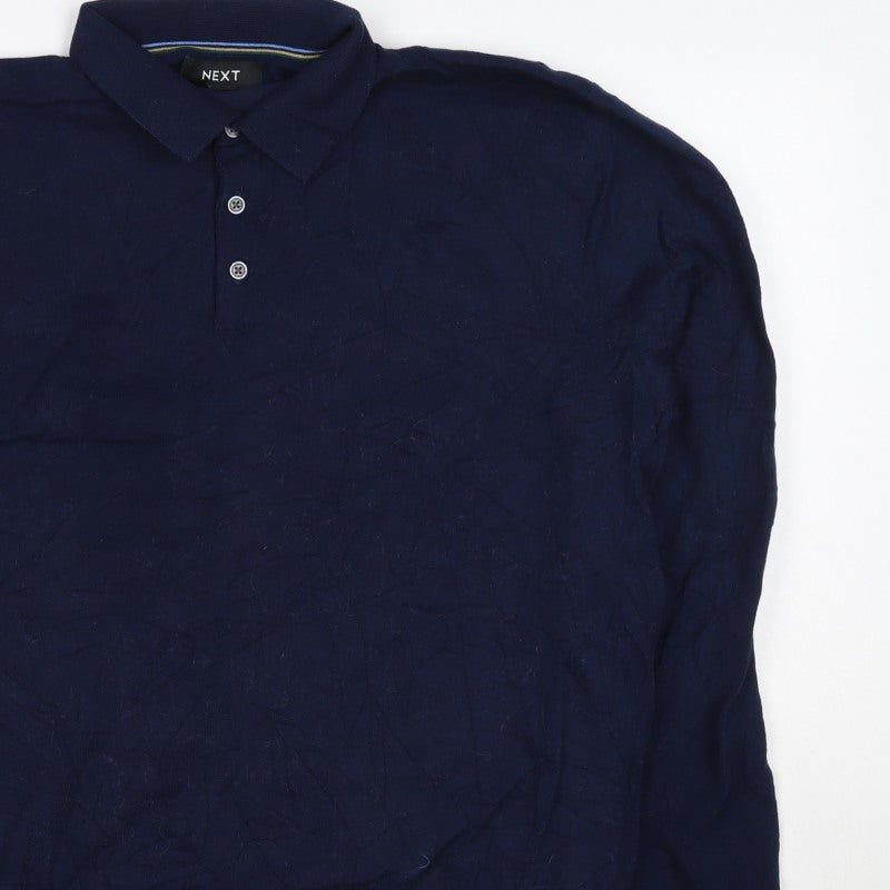 Next Men's Blue L Long Sleeve Cotton Knit Polo Shirt Collared