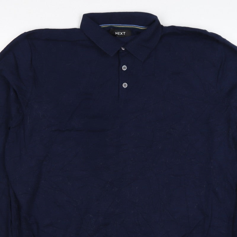 Next Men's Blue L Long Sleeve Cotton Knit Polo Shirt Collared