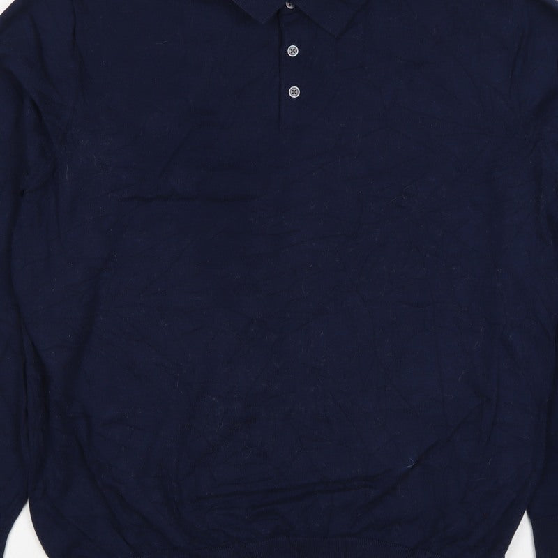 Next Men's Blue L Long Sleeve Cotton Knit Polo Shirt Collared
