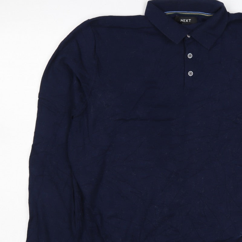 Next Men's Blue L Long Sleeve Cotton Knit Polo Shirt Collared