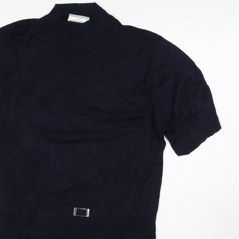 Wallis Women Black Size 14 High Neck Knit Buckle Short Sleeve Top
