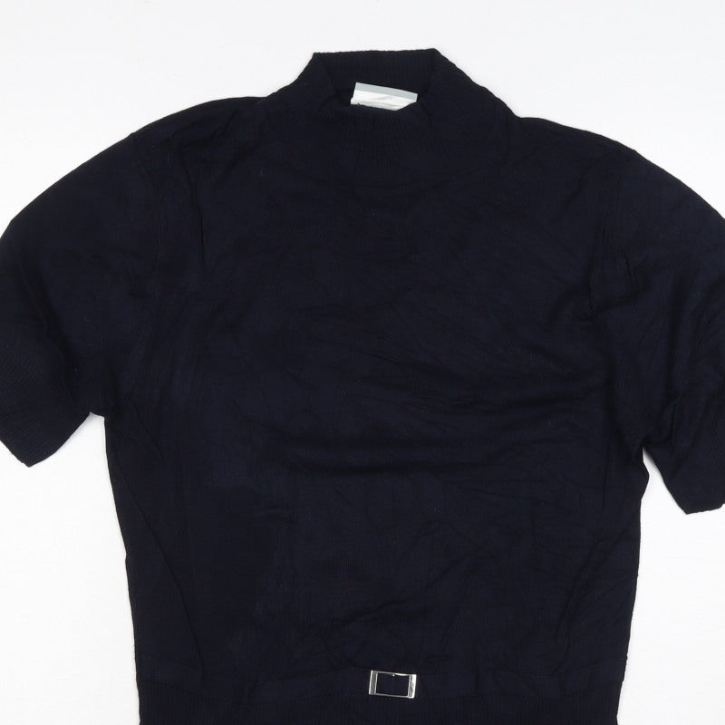 Wallis Women Black Size 14 High Neck Knit Buckle Short Sleeve Top