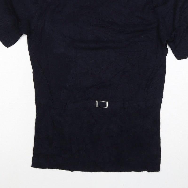 Wallis Women Black Size 14 High Neck Knit Buckle Short Sleeve Top