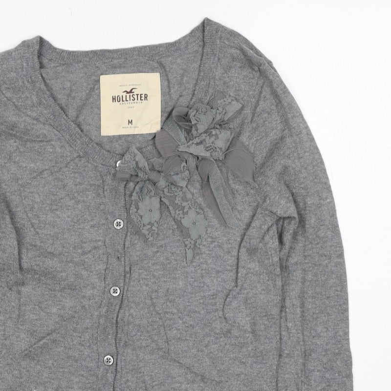 Hollister Women Grey M V-Neck Bow Lace Button Cardigan Knit