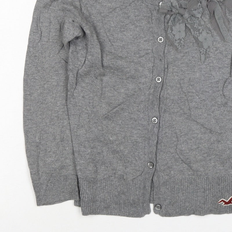 Hollister Women Grey M V-Neck Bow Lace Button Cardigan Knit