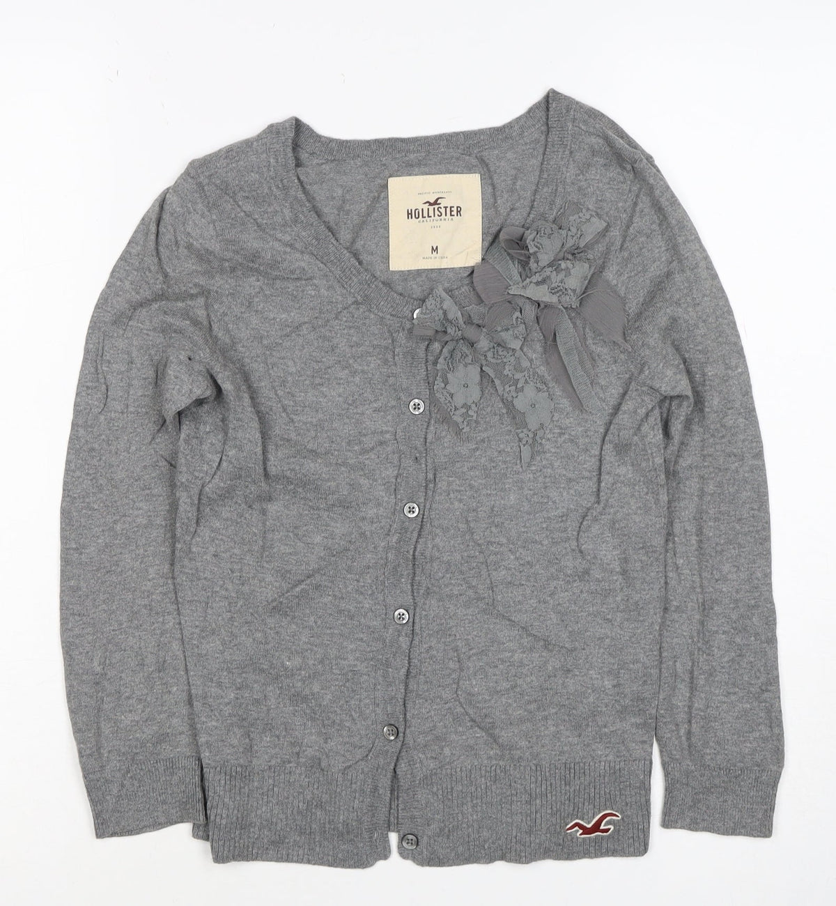 Hollister Women Grey M V-Neck Bow Lace Button Cardigan Knit