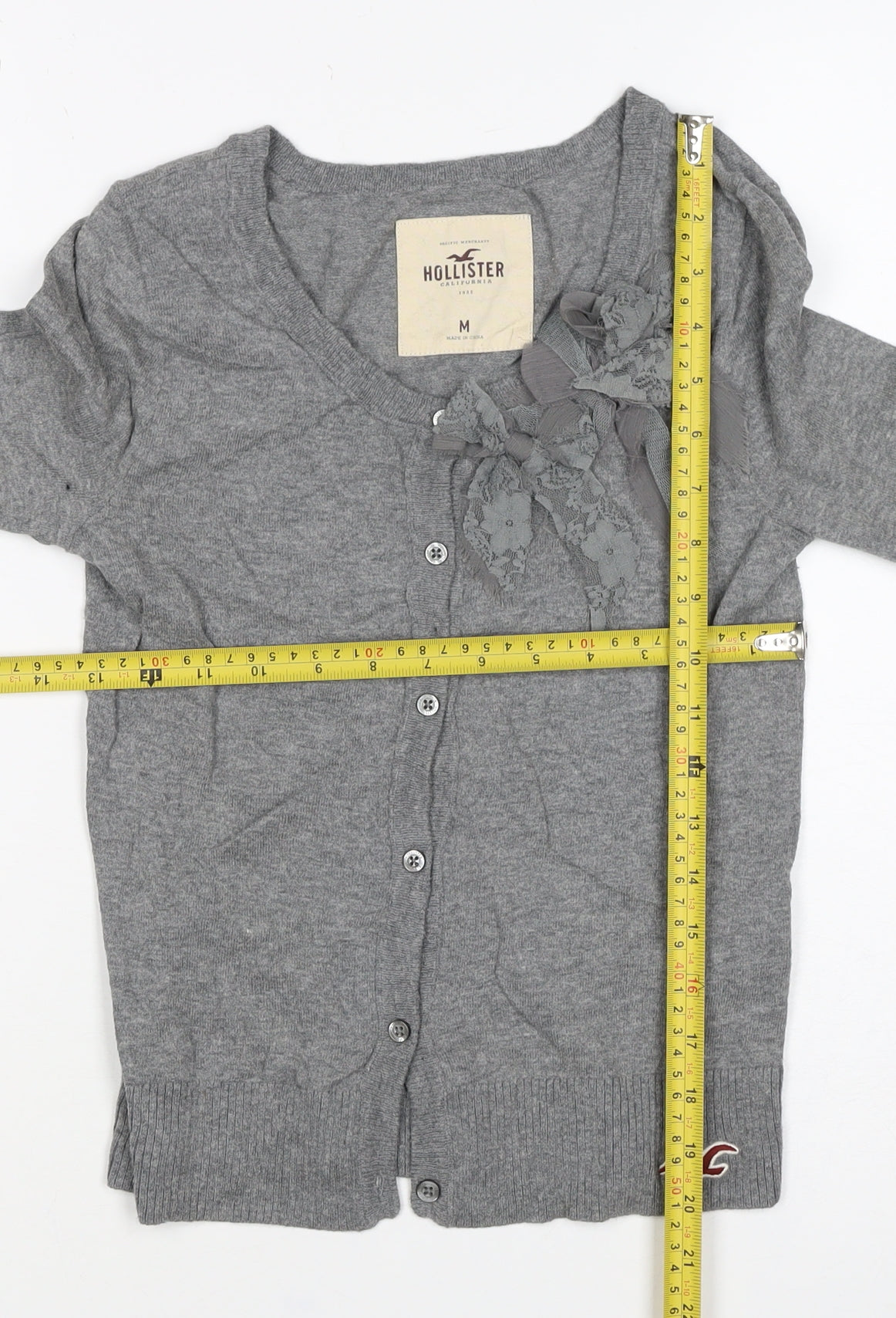 Hollister Women Grey M V-Neck Bow Lace Button Cardigan Knit