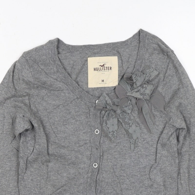 Hollister Women Grey M V-Neck Bow Lace Button Cardigan Knit