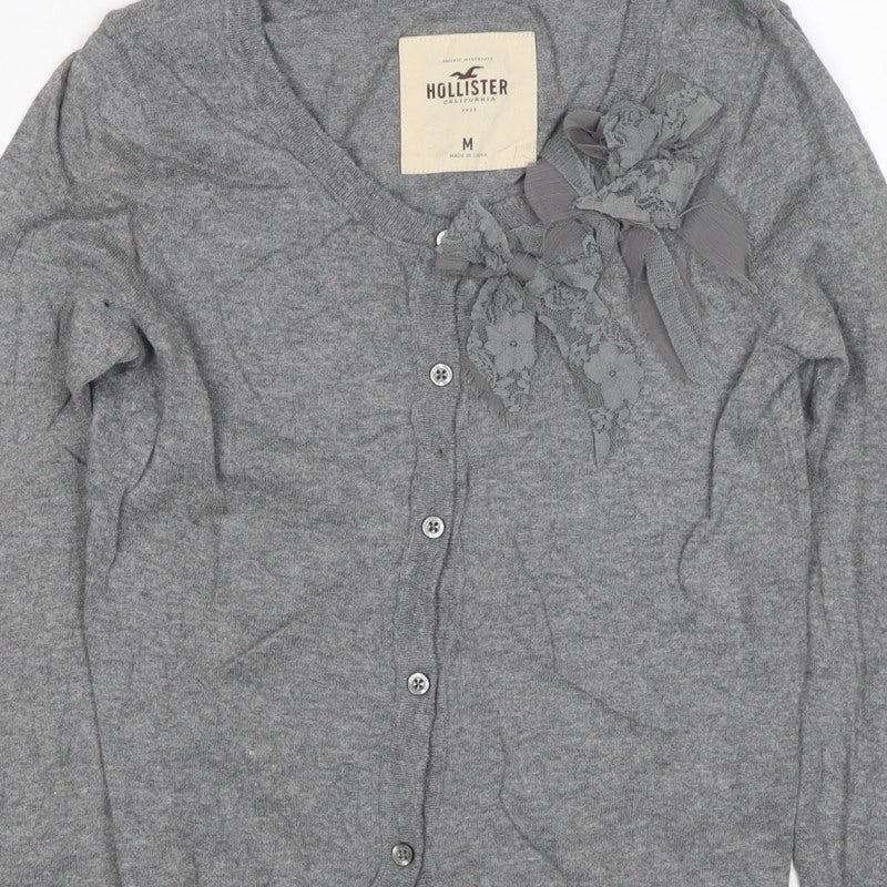 Hollister Women Grey M V-Neck Bow Lace Button Cardigan Knit