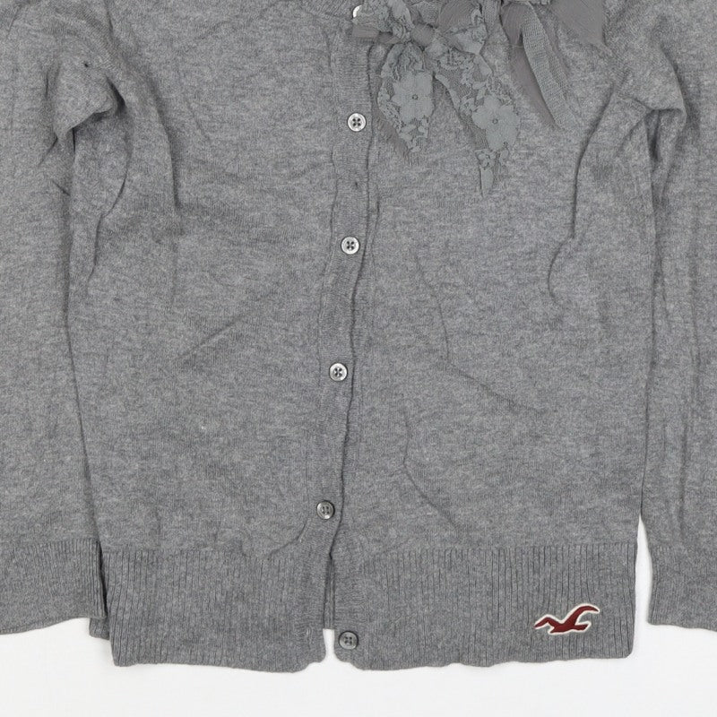Hollister Women Grey M V-Neck Bow Lace Button Cardigan Knit