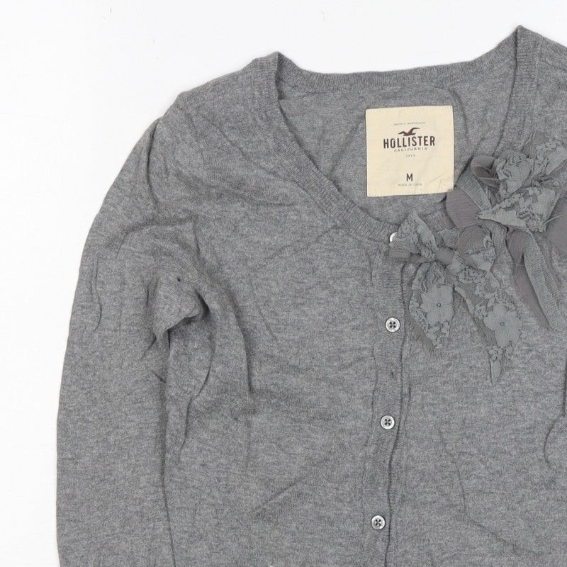 Hollister Women Grey M V-Neck Bow Lace Button Cardigan Knit