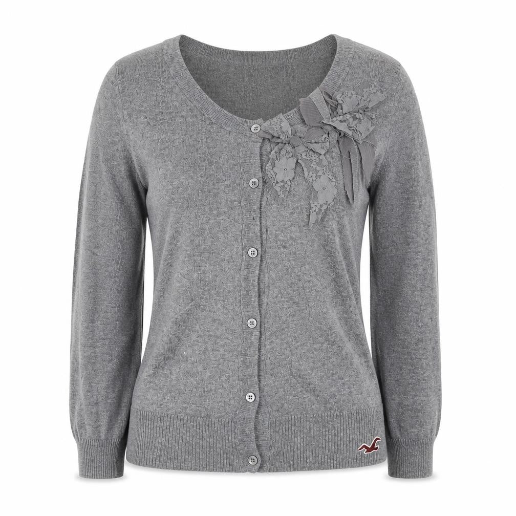 Hollister Women Grey M V-Neck Bow Lace Button Cardigan Knit