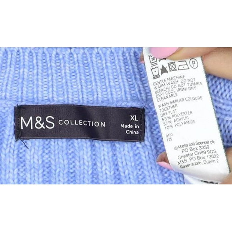 Marks and Spencer Women Blue XL Rib Knit Crew Neck Pullover Jumper