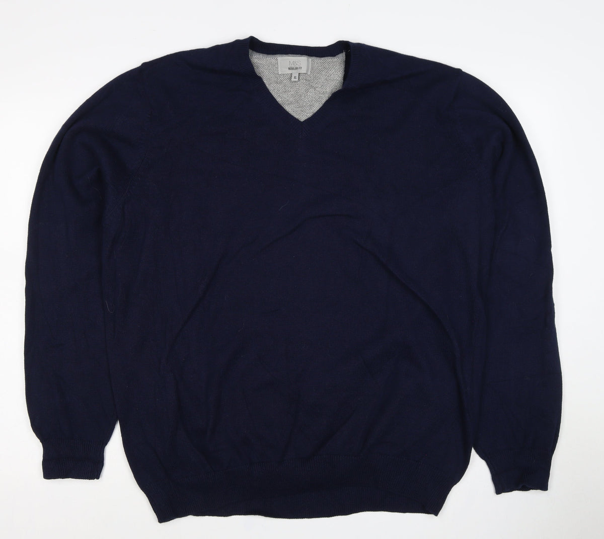 Marks and Spencer Men Blue XL Regular Fit Cotton V-Neck Pullover Jumper