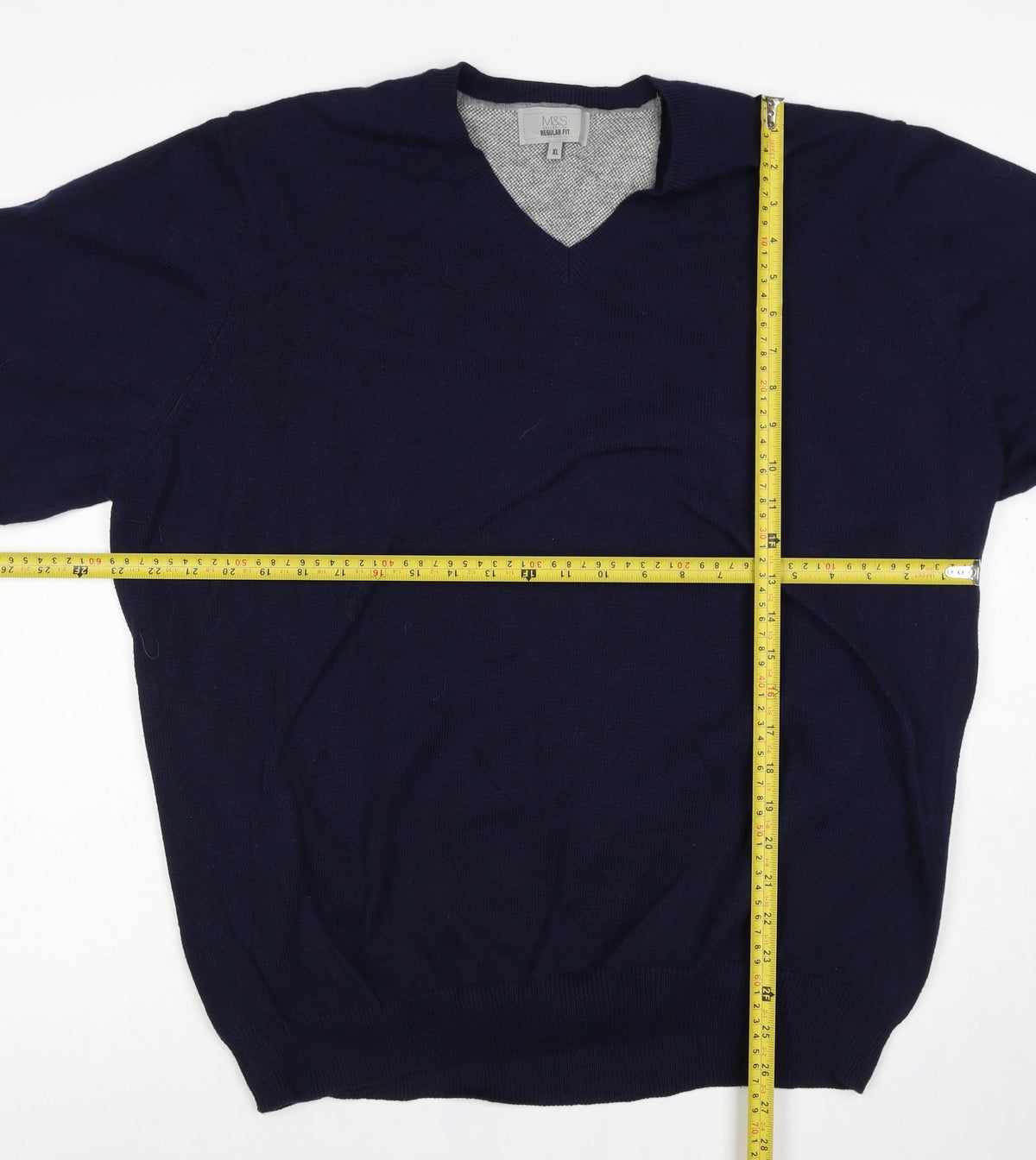 Marks and Spencer Men Blue XL Regular Fit Cotton V-Neck Pullover Jumper