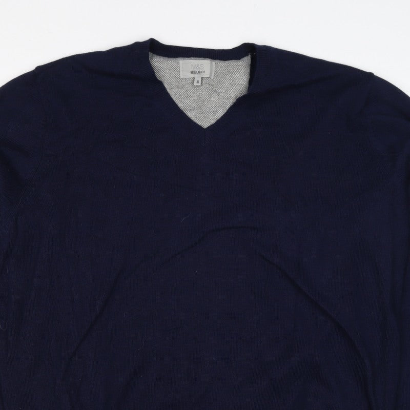 Marks and Spencer Men Blue XL Regular Fit Cotton V-Neck Pullover Jumper
