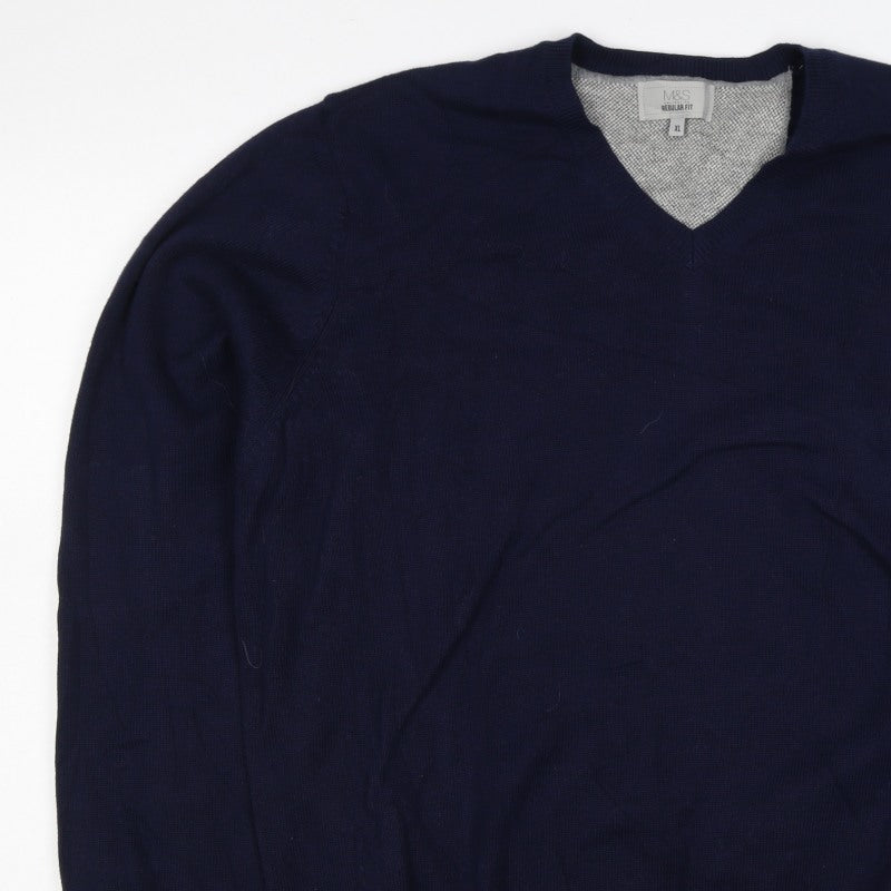 Marks and Spencer Men Blue XL Regular Fit Cotton V-Neck Pullover Jumper