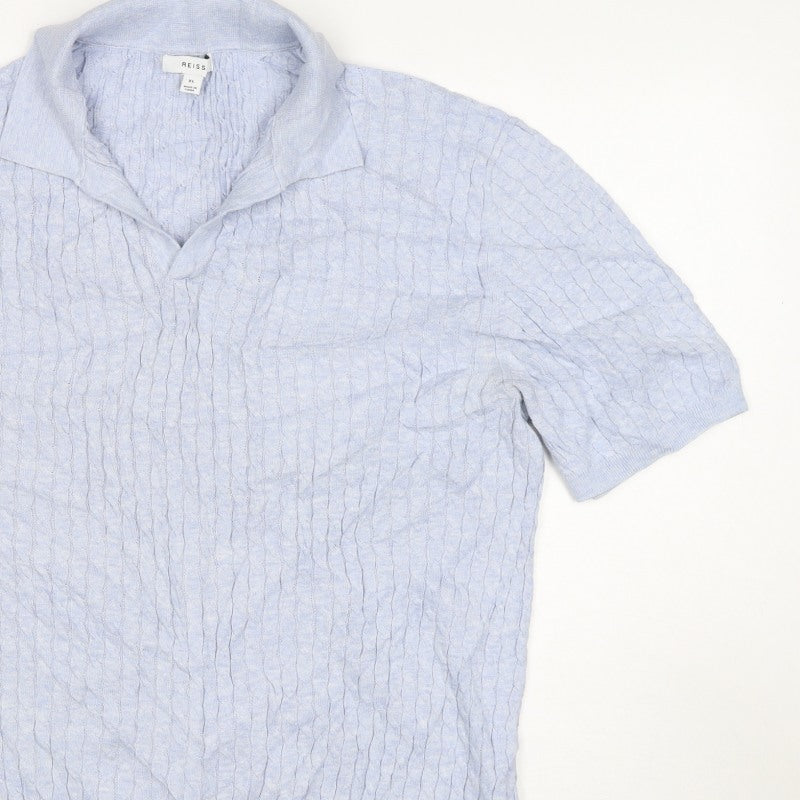 Reiss Men’s Blue XL Cable Knit Short Sleeve Polo Shirt