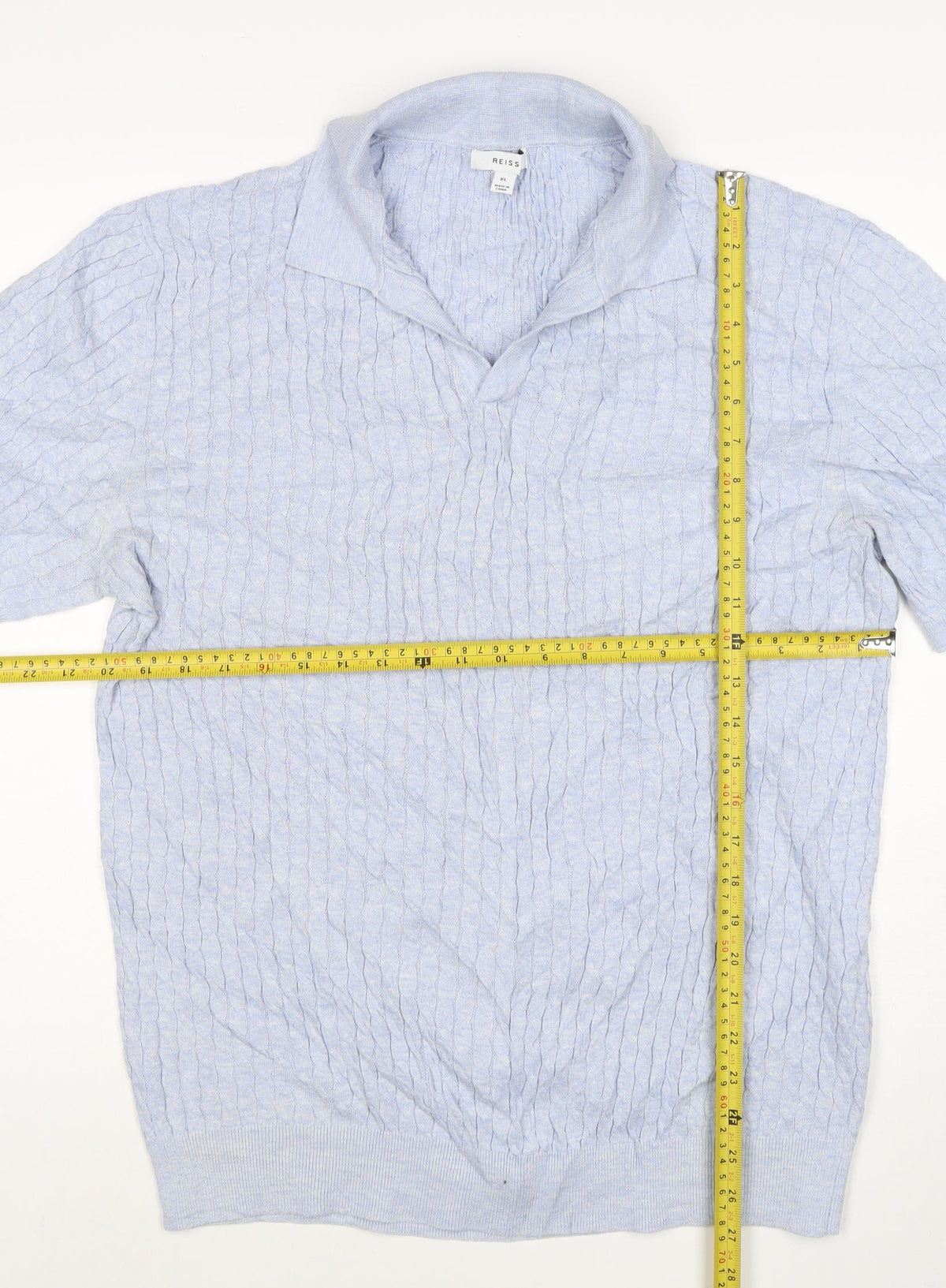 Reiss Men’s Blue XL Cable Knit Short Sleeve Polo Shirt